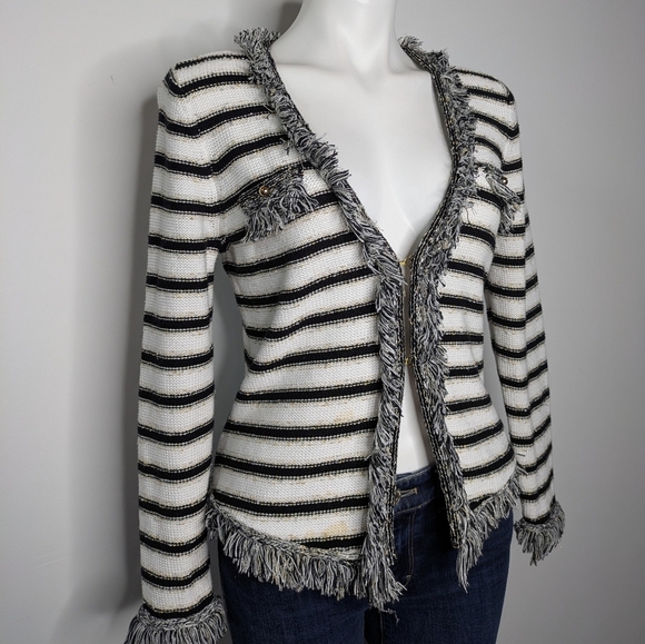 Vintage Cache Black White Striped Gold Long Sleeve Fringe Cardigan Sweater M - Picture 4 of 9